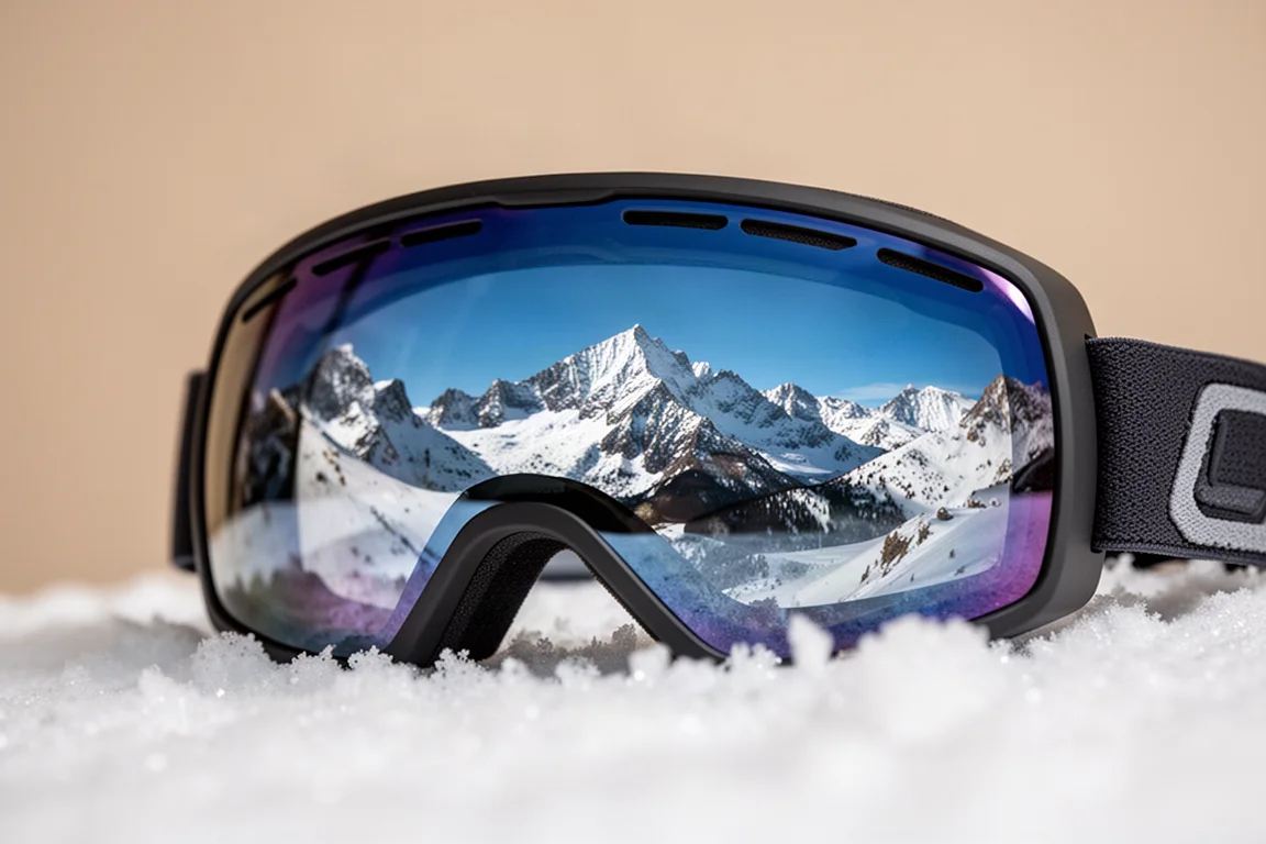 Nahaufnahme eines Brillenglases mit lebhaftem Kontrast des Bergpanoramas
