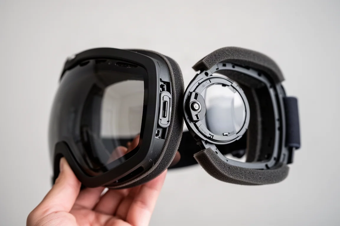 Ski-Brille mit teilweise entnommenem Glas zur Demonstration des Schnellwechselsystems