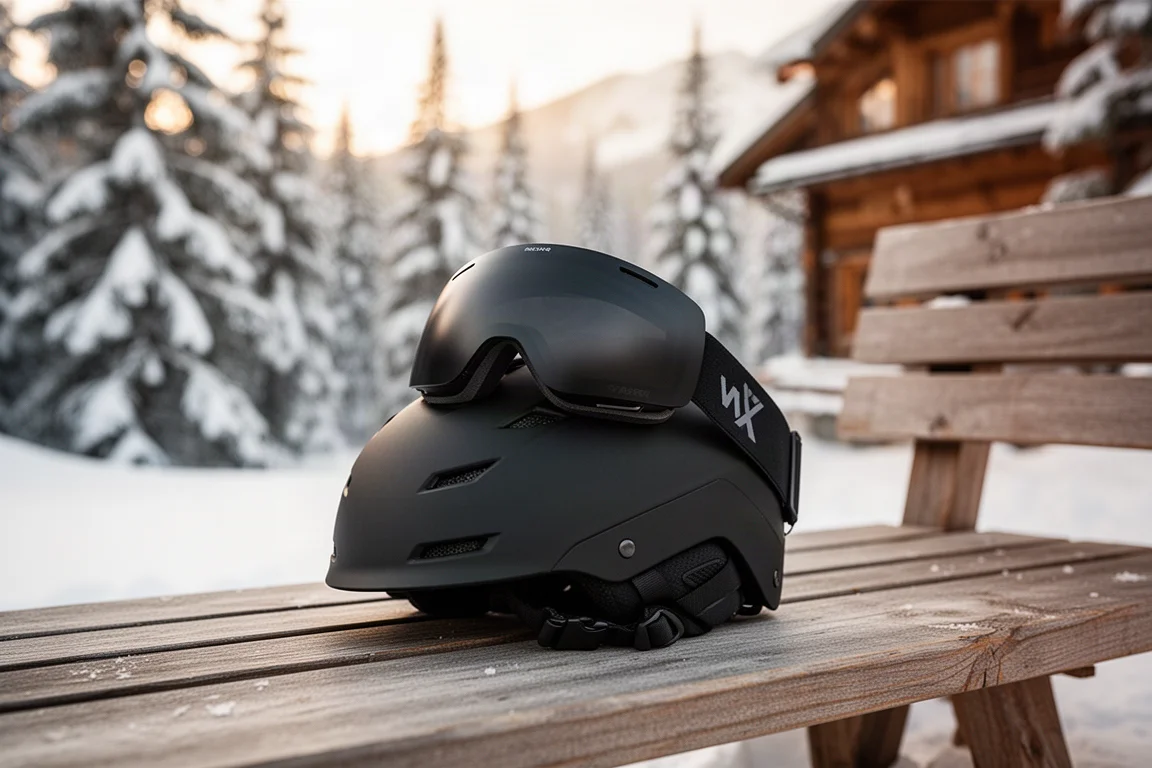 Ski-Brille auf einem Skihelm, dahinter schneebedeckte Bäume