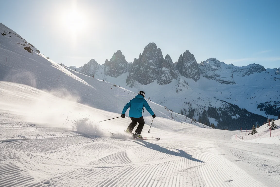 Skifahrer carving bei hellem Sonnenschein, die Sonne spiegelt sich im Schnee