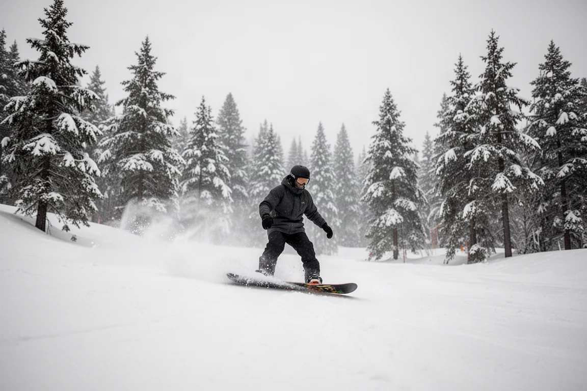 Snowboarder fährt bei diffusem Licht, schneebedeckte Bäume säumen die Piste