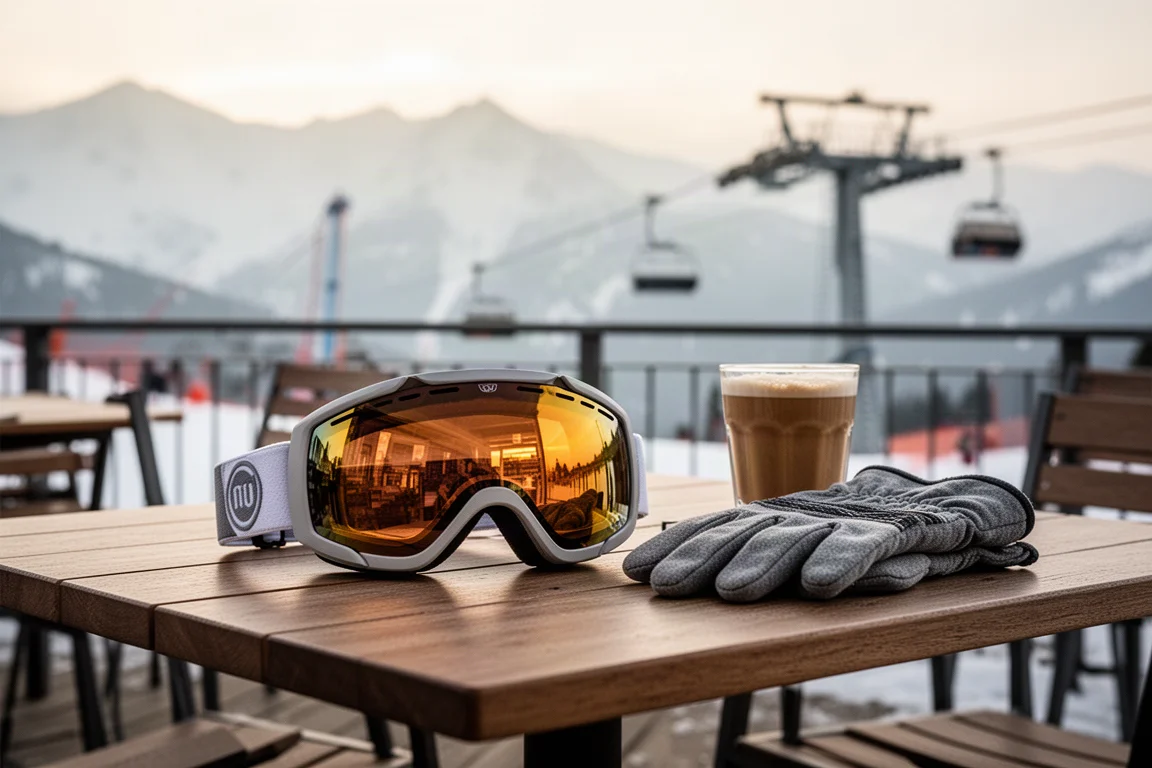 Brille auf einem Café-Tisch neben Handschuhen, dahinter Liftstation und Berge