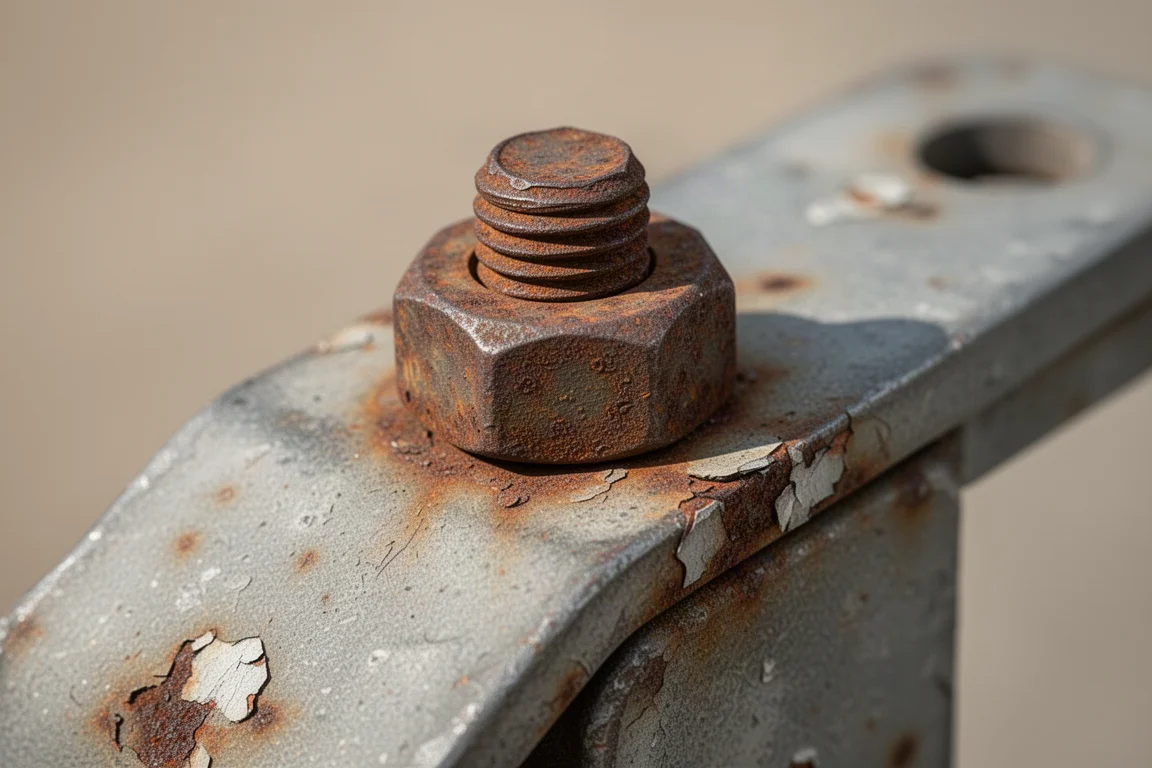 Rostiger Schraubenkopf mit sichtbar abgerundeten Kanten an einer alten Metallhalterung