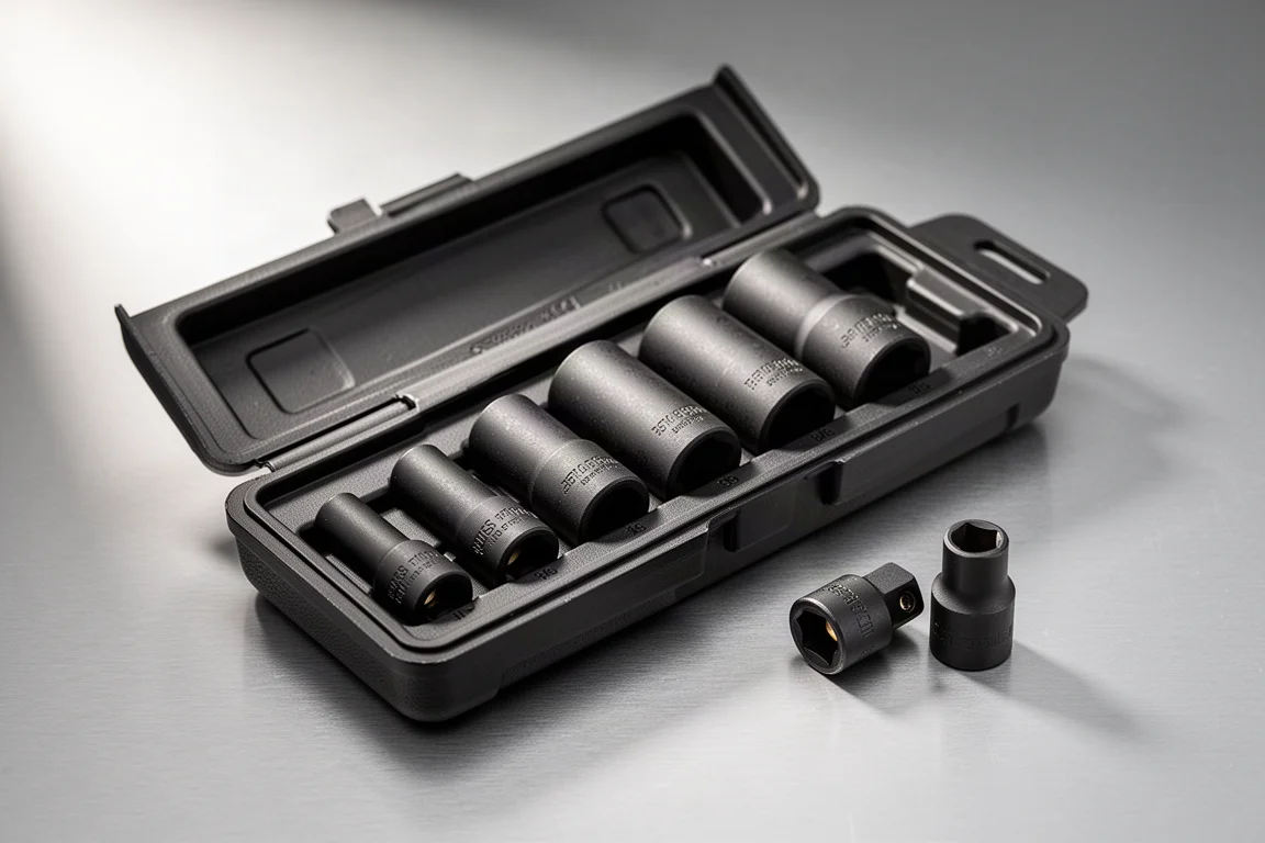 Six-piece black impact socket set arranged in an open tray with drive adapter