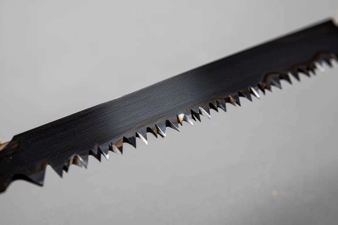 Primo piano del pattern di denti fini di una lama per legno pulito, simile a una sega giapponese a trazione