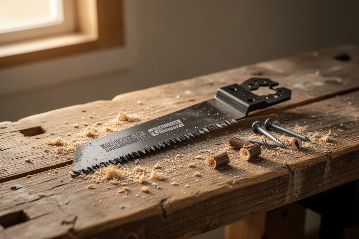 Lame per multi-tool ben usate appoggiate su un banco da lavoro con segatura e denti intatti