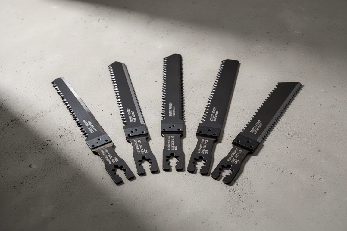 Five bi-metal oscillating multi-tool blades fanned out on a concrete surface