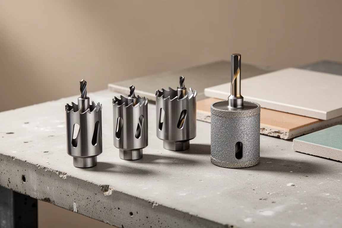 Spyder diamond hole saw bits, diamond cup, and carbide tipped arbor on a concrete workbench