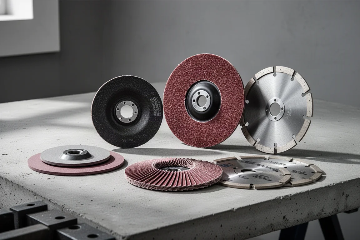 Assortment of grinder wheels and diamond blades laid out on a concrete workbench