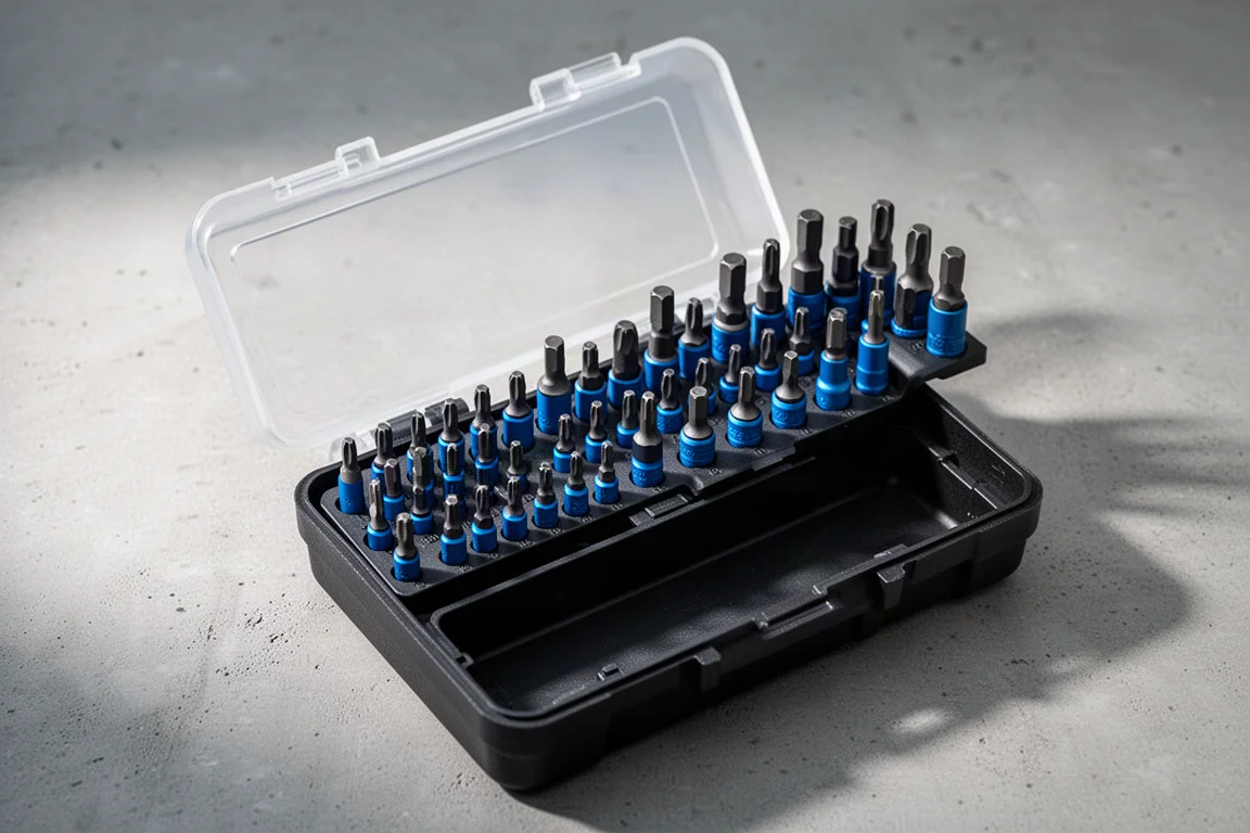 Open driver bit case with blue bits standing upright in molded slots
