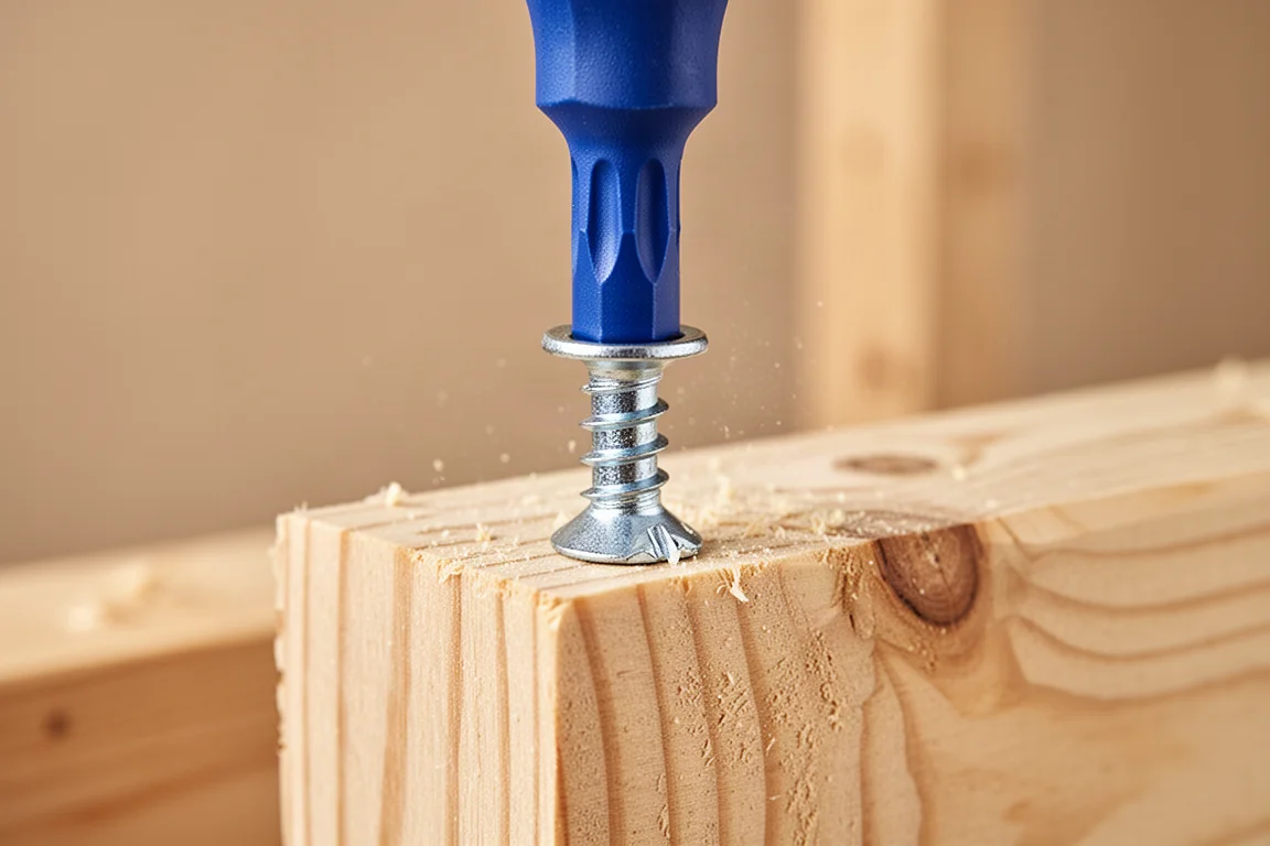 Impact driver bit seating a large screw into wooden framing