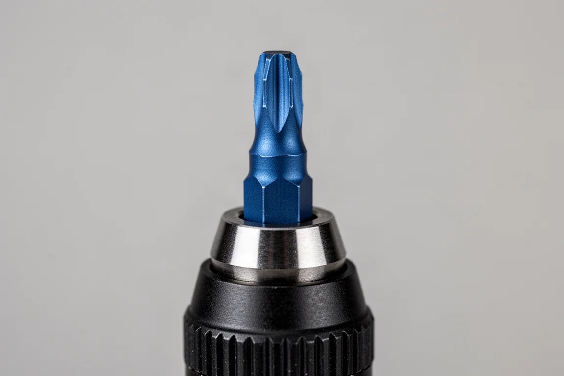 Close-up of a strongly magnetized bit holder gripping a driver bit