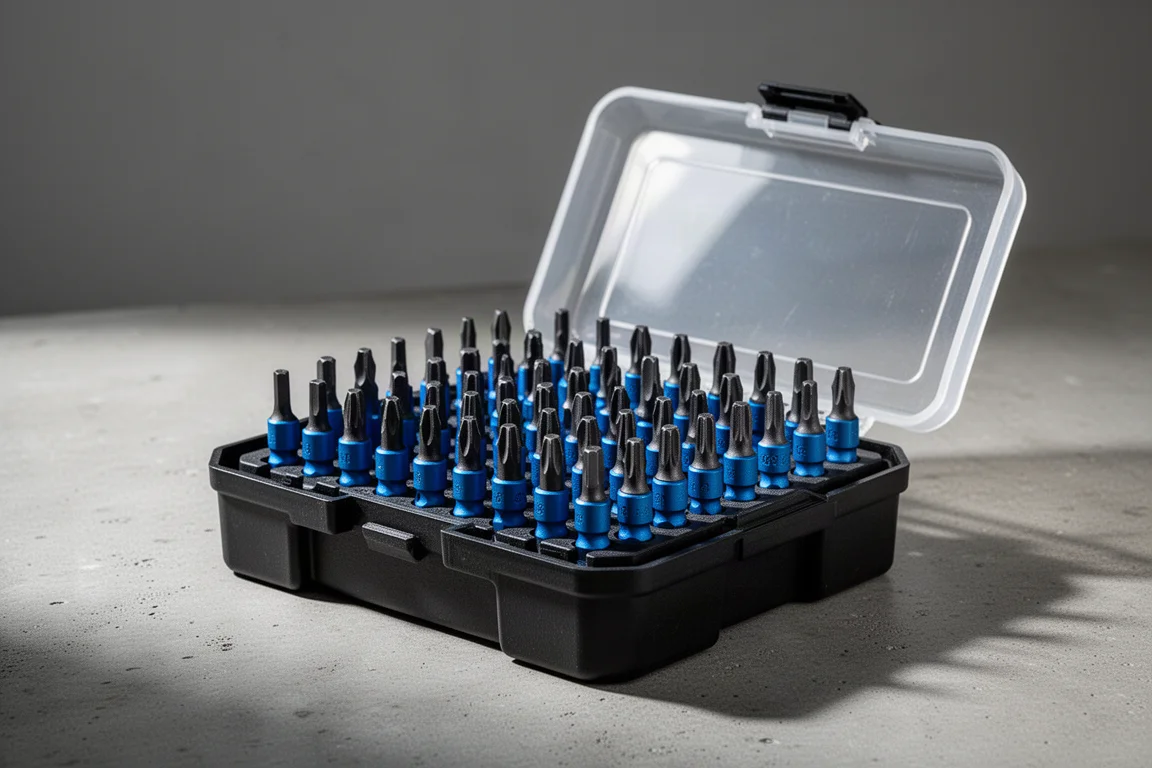 Spyder Mach Blue 40-piece driver bit set case with blue bits standing upright