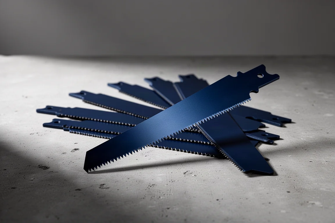 Dark blue coated reciprocating saw blades fanned out on concrete surface