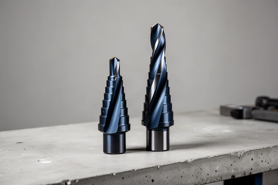 Two step drill bits of different lengths standing on a concrete workbench