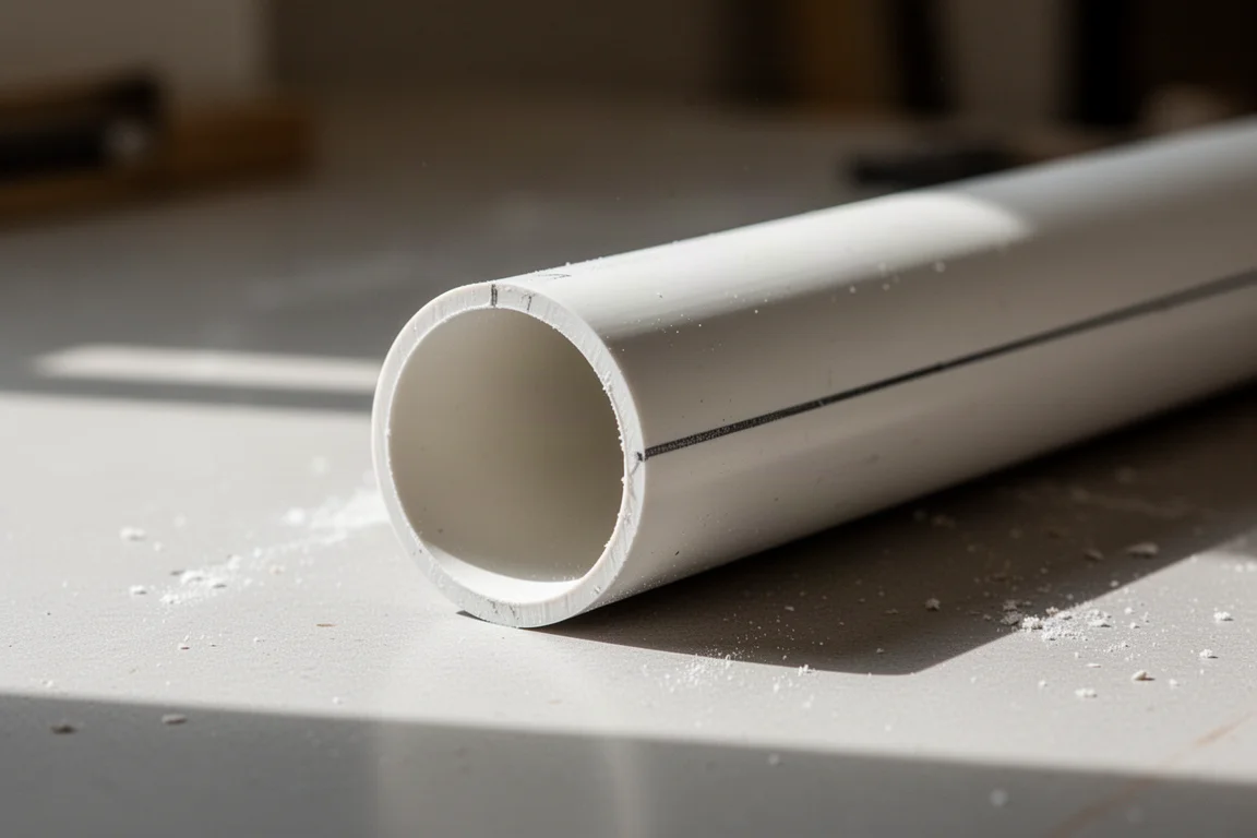 白色 PVC 管上乾淨筆直的切割線,旁邊放著美工刀