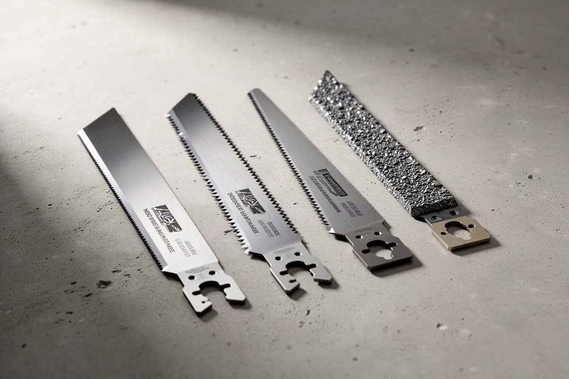 Four Spyder oscillating multi-tool blades lined up on a concrete surface