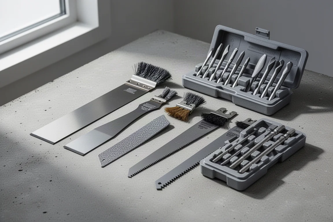 Spyder reciprocating saw accessories laid out on a concrete surface