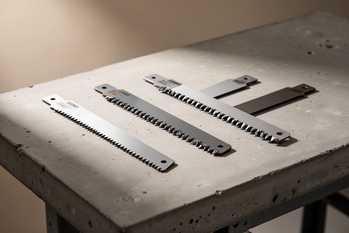 Three Spyder Tarantula carbide reciprocating saw blades on a concrete workbench