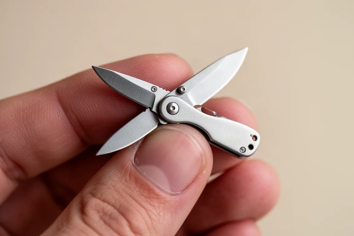 Tiny folding knife held between fingers to show its small scale