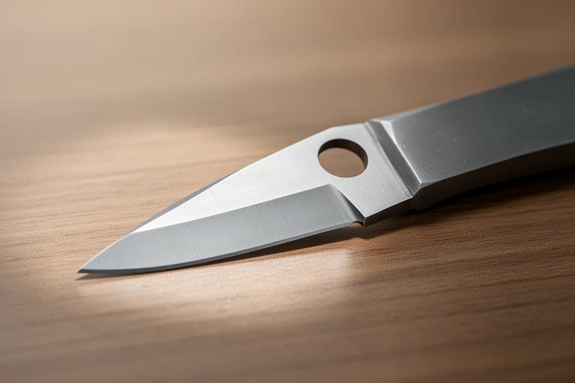 Close-up of a small knife blade with full flat grind and round opening hole