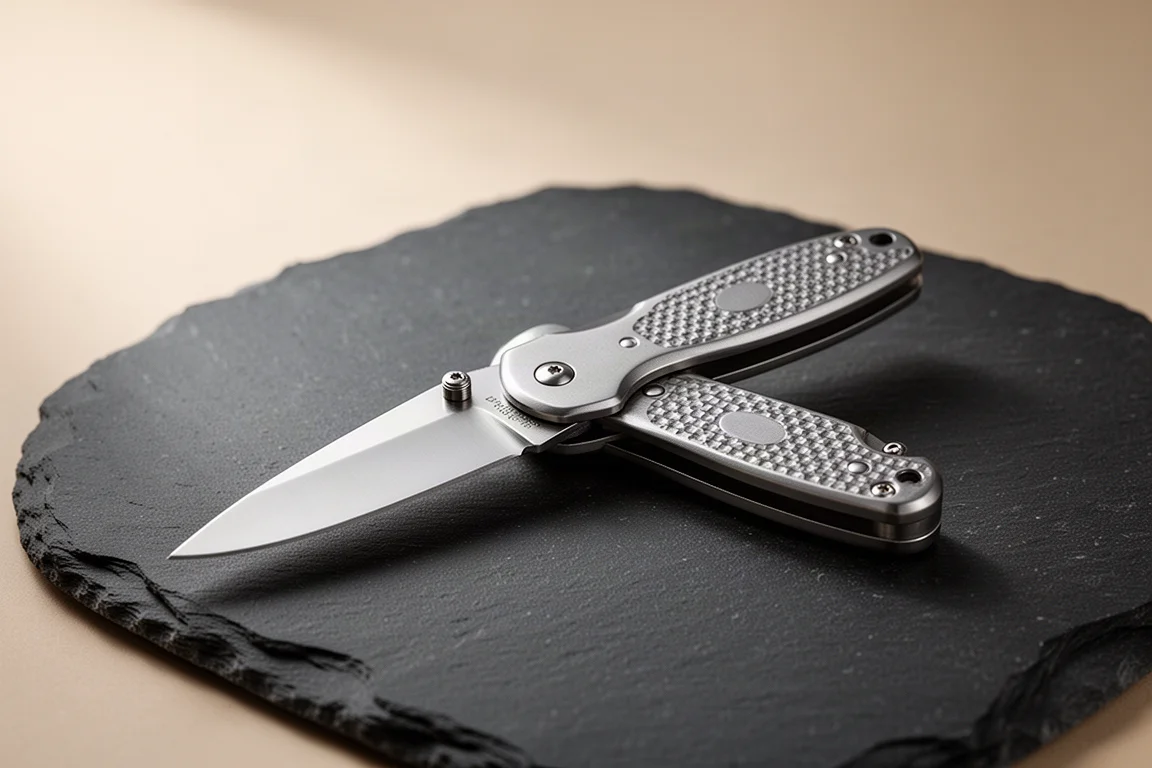 Small folding pocket knife partially closed on a dark surface