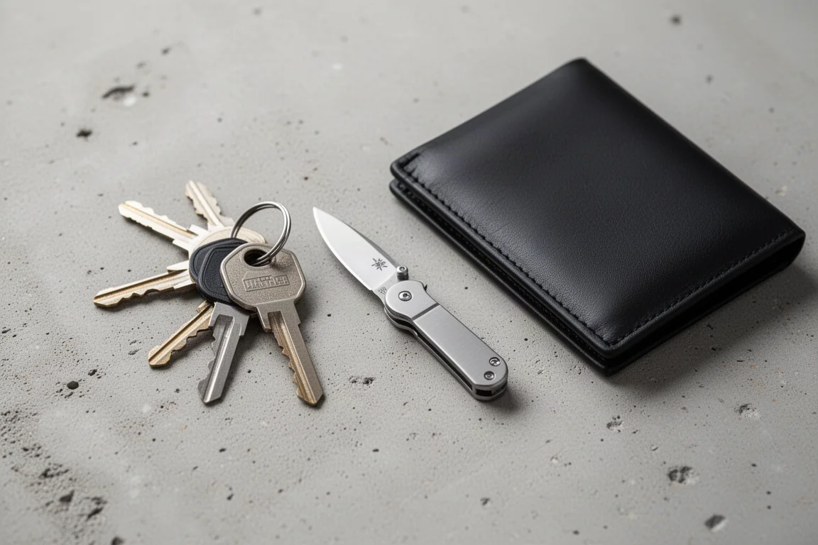 Tiny pocket knife beside everyday carry items on a desk