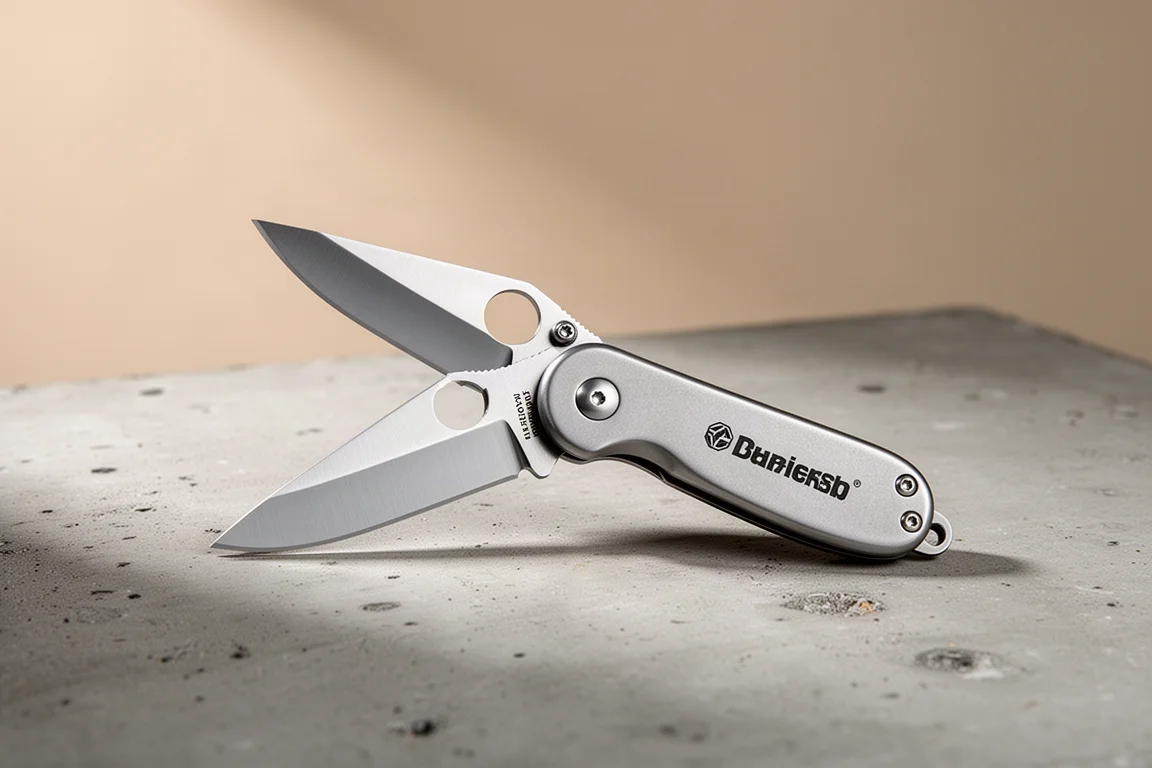 Tiny stainless steel Spyderco Bug folding knife shown open on concrete
