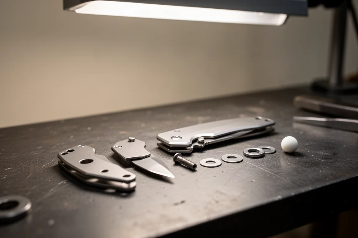 ワークベンチ上で部分的に分解されたSpyderco NANDナイフ。内部のワッシャーとデテントボールが見える