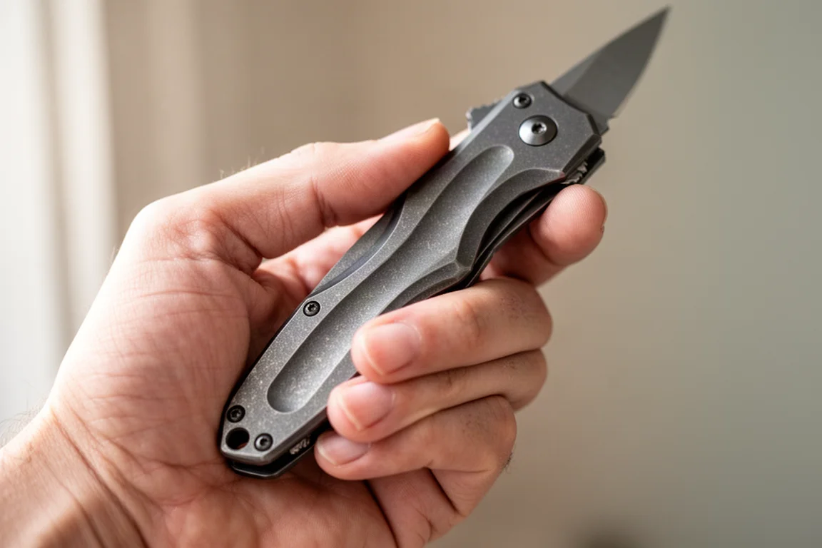 手に持ったSpyderco NANDナイフ。エルゴノミクスグリップを示している