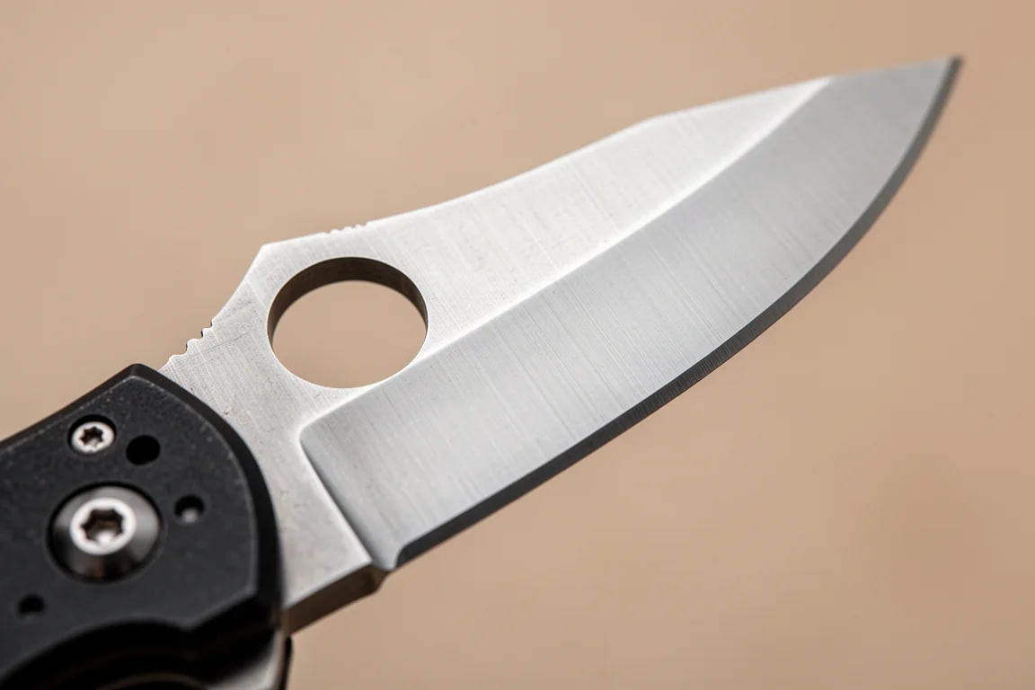 Spyderco NANDナイフの刃先のクローズアップ。鋭いスパインとサムホールが見える