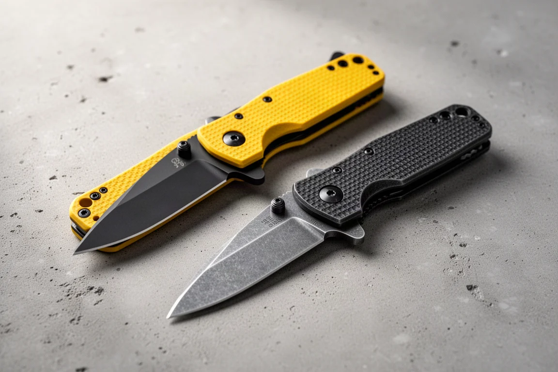 Two folding pocket knives, one yellow-handled and one dark-handled, on a concrete surface