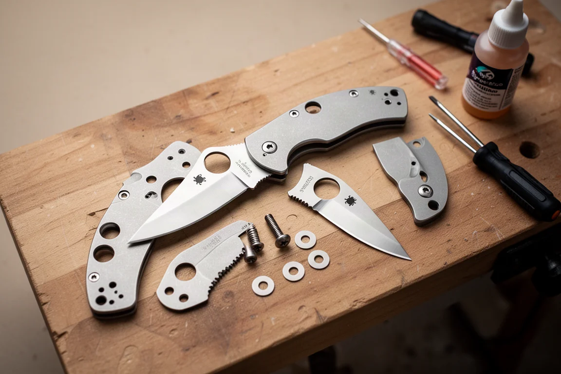 Spyderco Techno 3 disassembled on a wooden workbench with tools