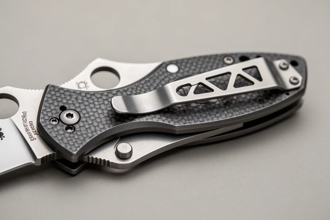 Close-up of Spyderco Techno 3 titanium handle with pocket clip