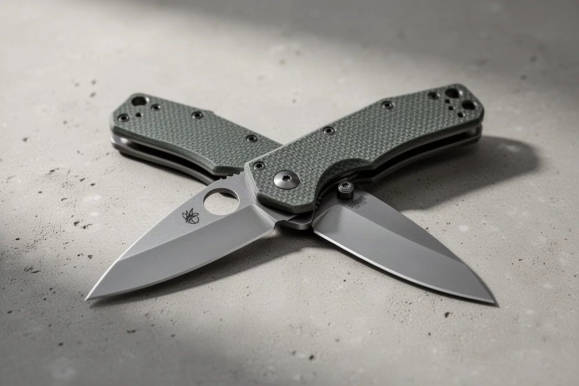 Spyderco UK Pen Knife mit G10-Griffschalen und blattförmiger Klinge auf Betonoberfläche
