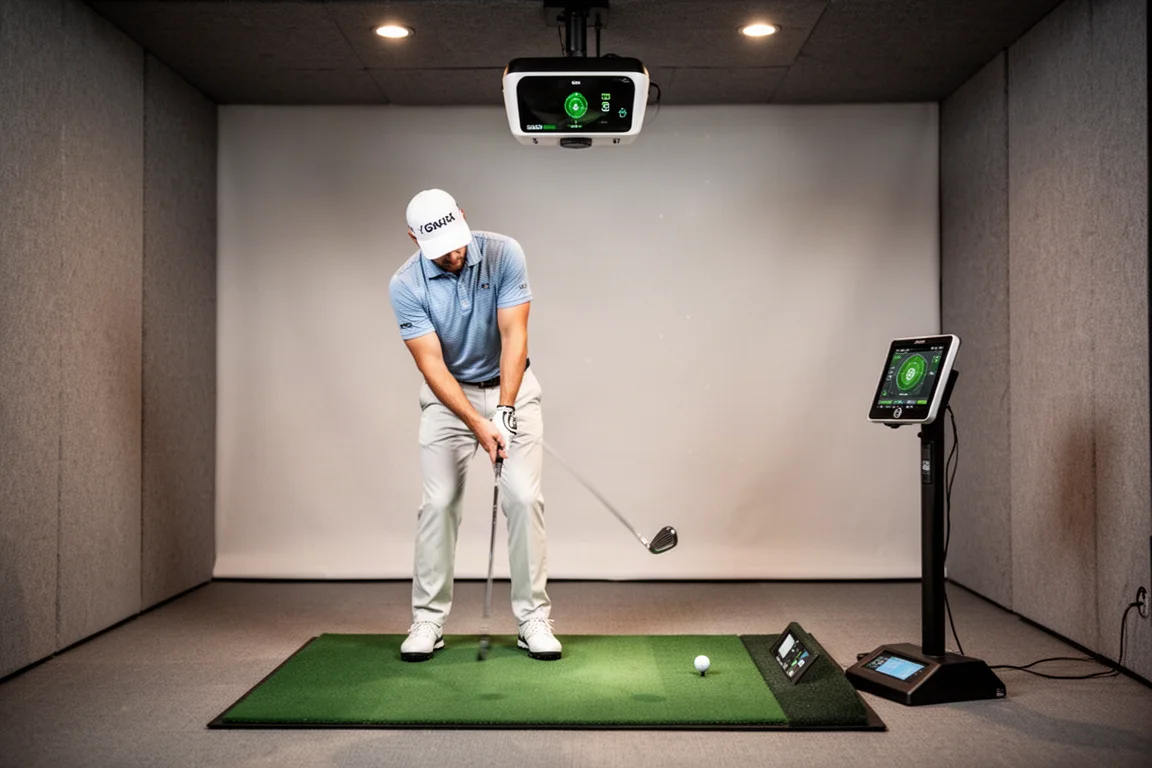 Golfer setting up an 8 iron shot in an indoor simulator bay with two launch monitors
