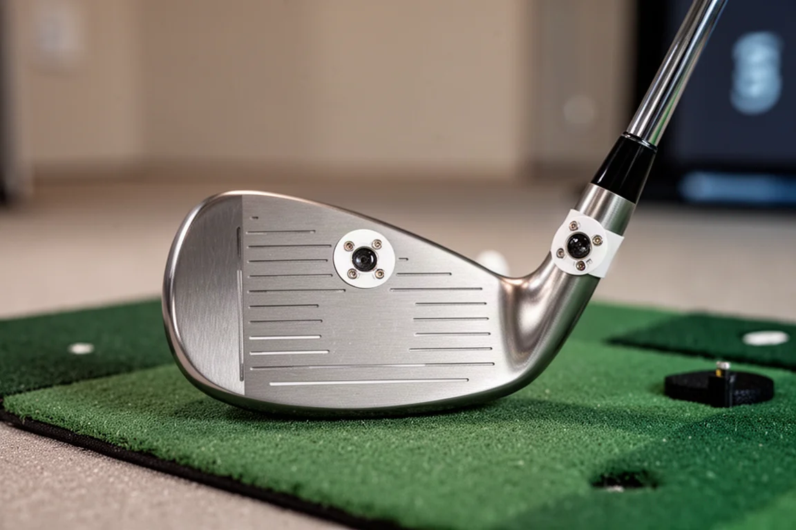Close-up of a golf club face with circular sensor stickers attached