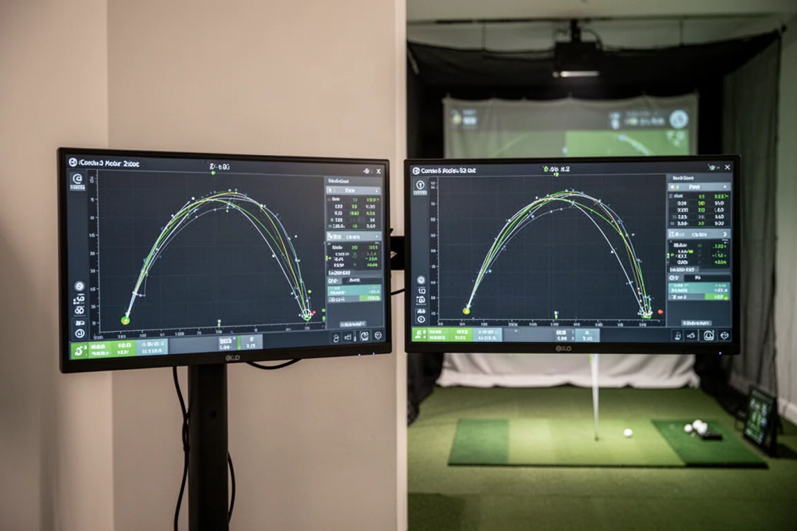 Side-by-side split screen display of two launch monitor readouts showing ball flight traces