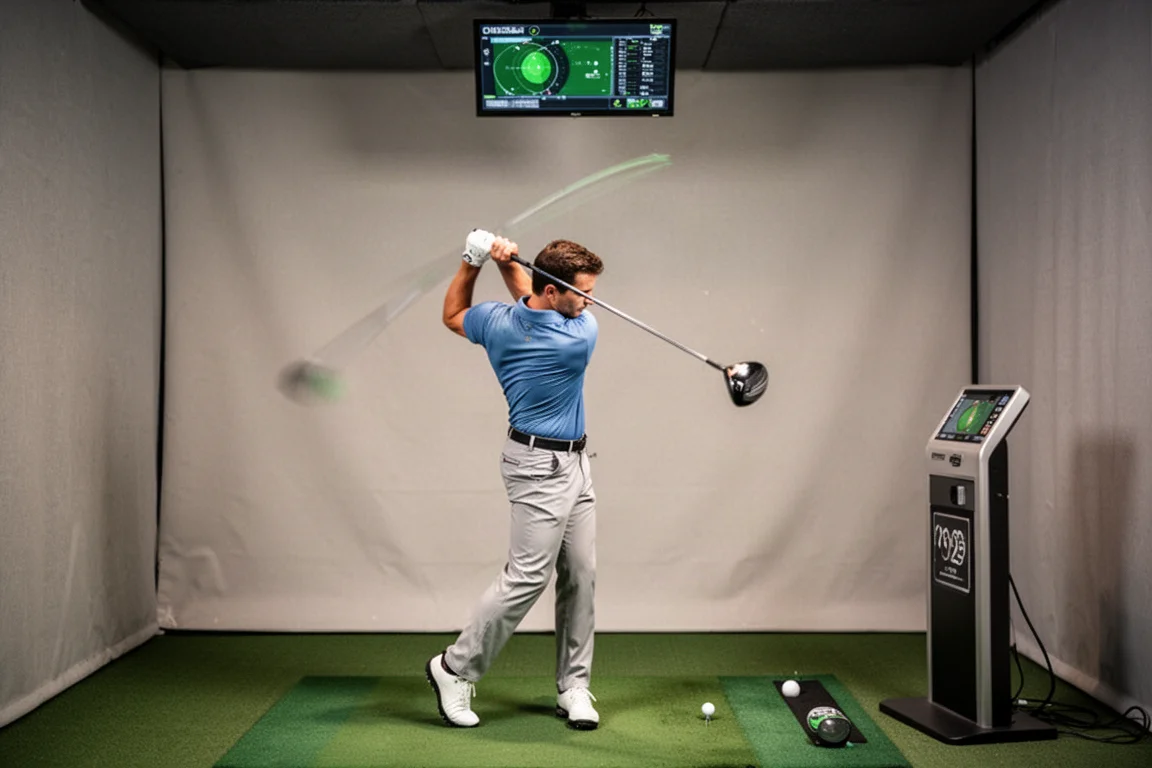 Golfer mid-driver swing in an indoor simulator bay with launch monitors tracking the shot