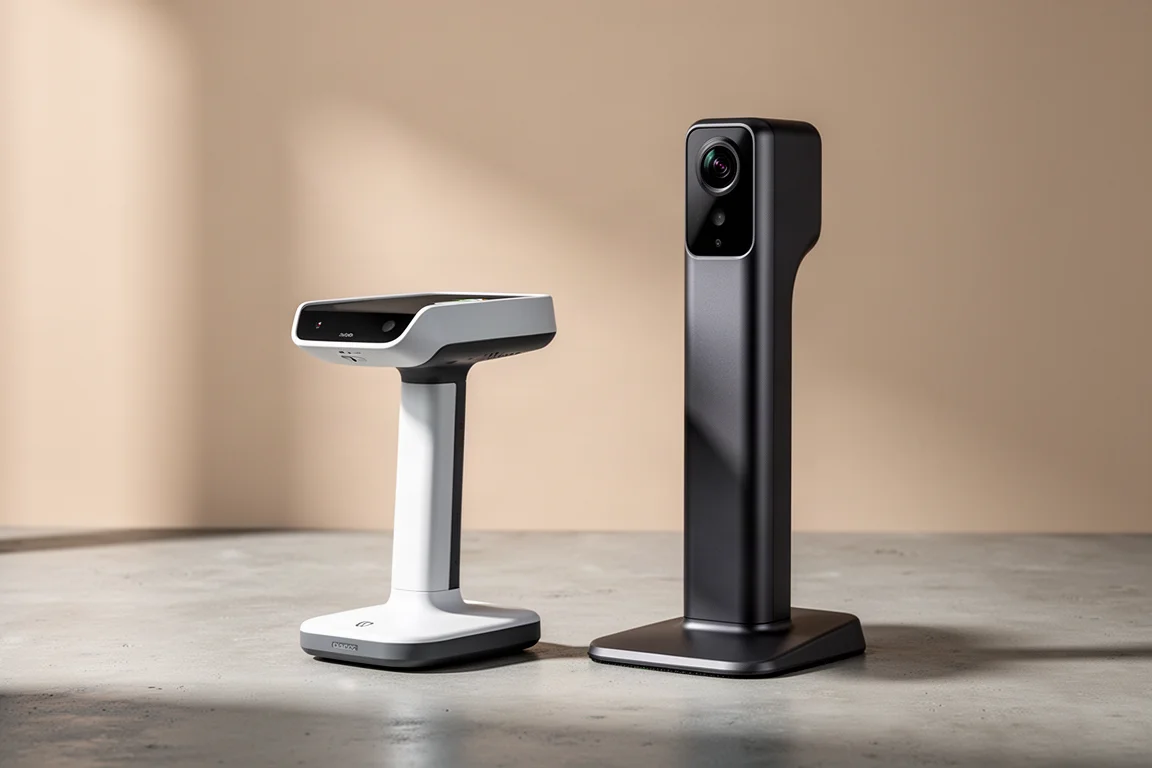 Square Golf Omni overhead launch monitor and Uneekor EXR floor-standing launch monitor on concrete surface