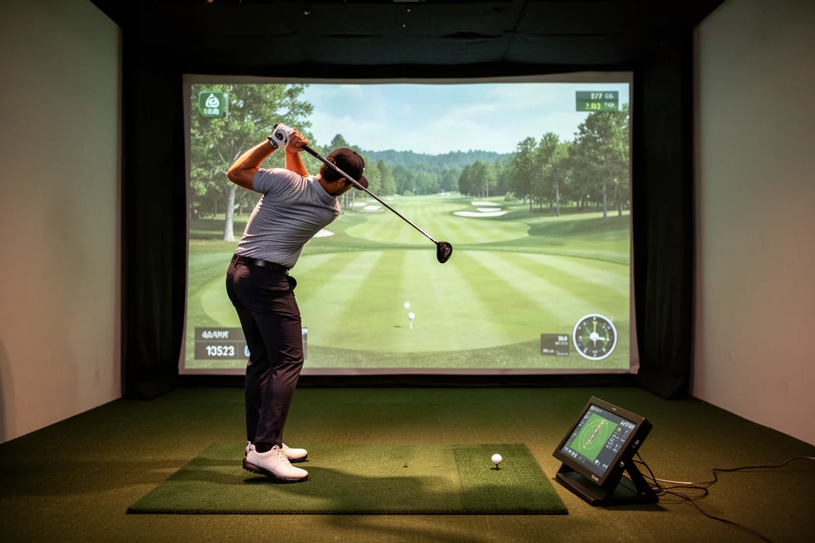Golfer schlägt einen Drive in einem Indoor-Simulator-Studio mit projiziertem Platz auf großer Leinwand