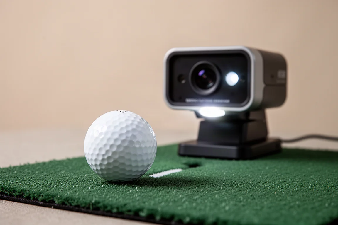 Nahaufnahme eines Golfballs auf einer Matte mit einem kompakten Launch-Monitor-Gerät dahinter