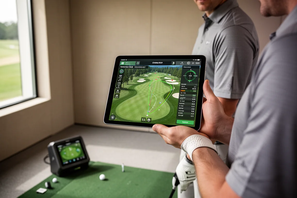 Golfer überprüft Schlagdaten auf einem Tablet mit Flugbahn- und Platzgrafiken