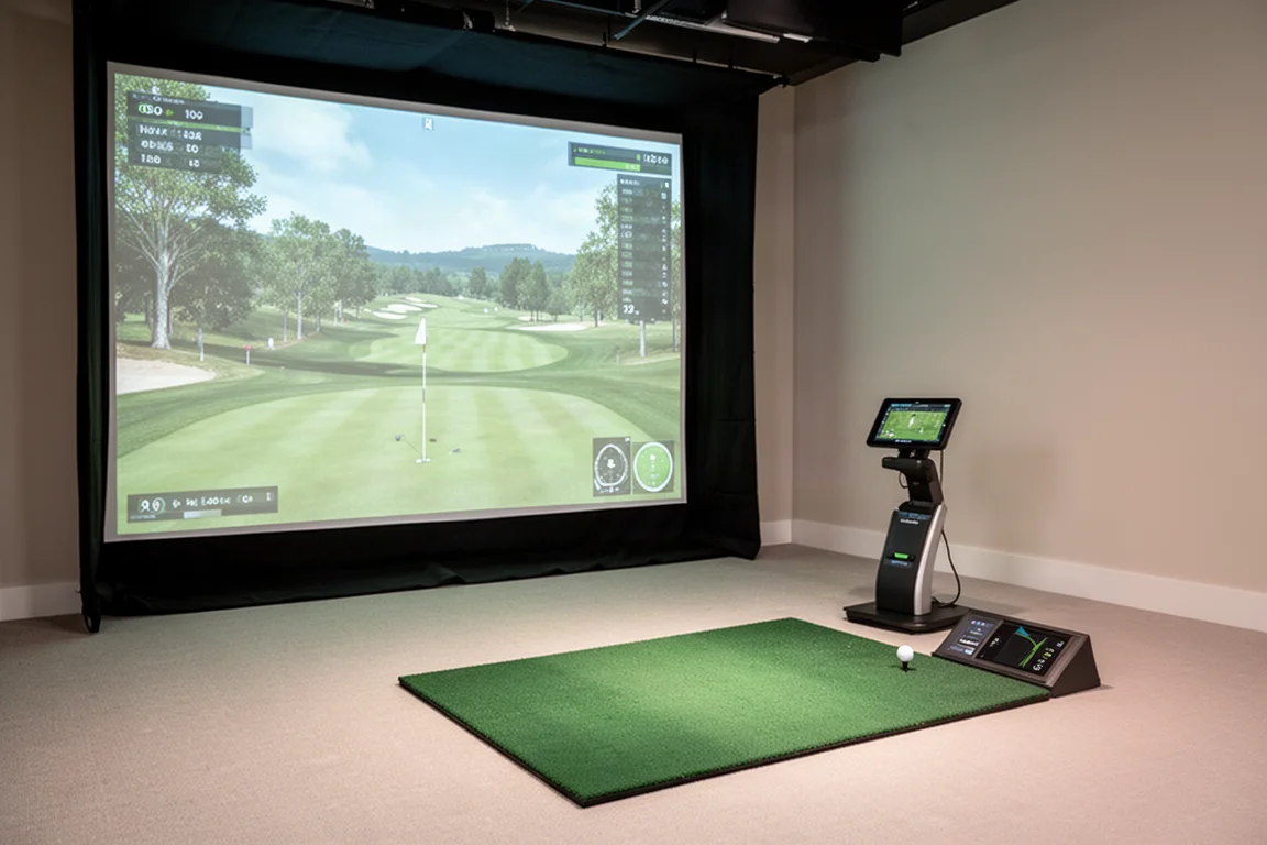 Indoor-Golfsimulator-Setup mit Projektor, Leinwand und Abschlagmatte in einem Heimstudio