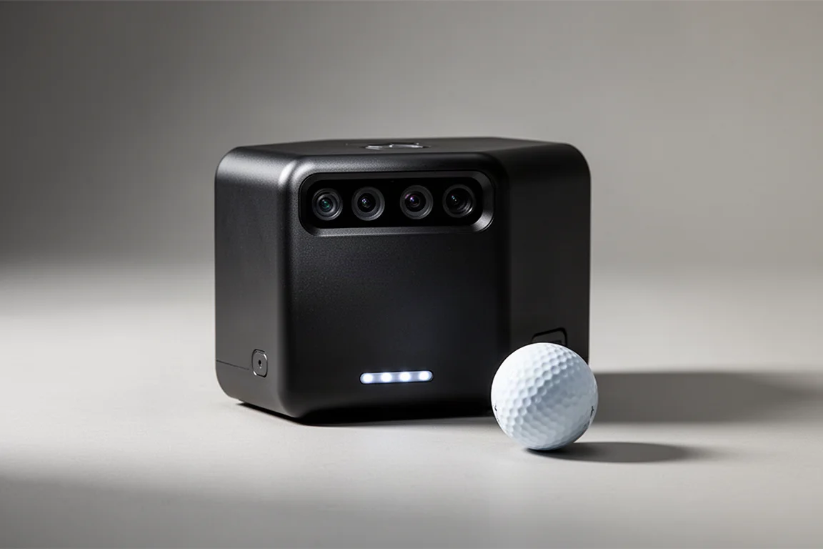 Monitor de lanzamiento óptico Square Omni con bola de golf sobre fondo gris