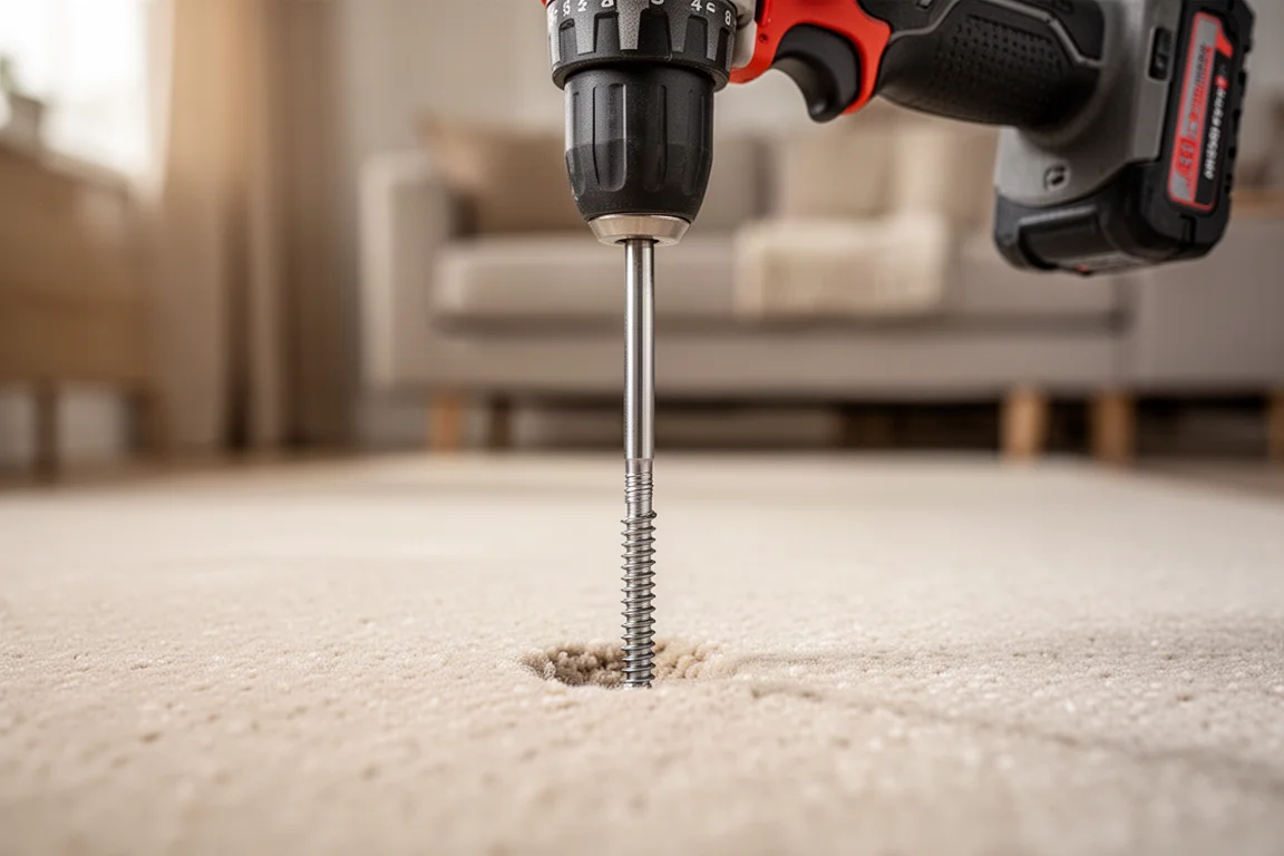 Locating floor joists under carpet using a drill-mounted finding tool