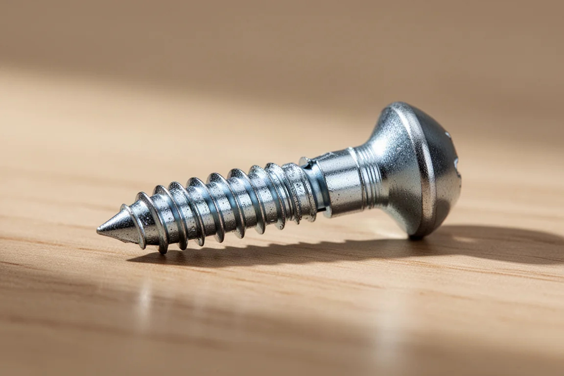 Scored specialty screw with dual thread sections on a wooden surface