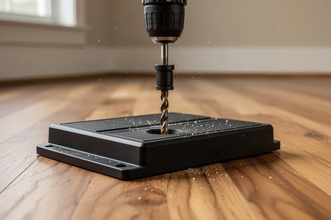 Drilling a repair screw into a hardwood floor through a guide jig