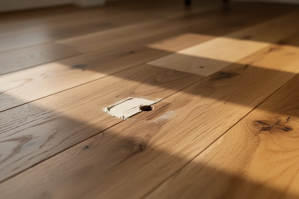 Finished hardwood floor repair spot blended with wood putty