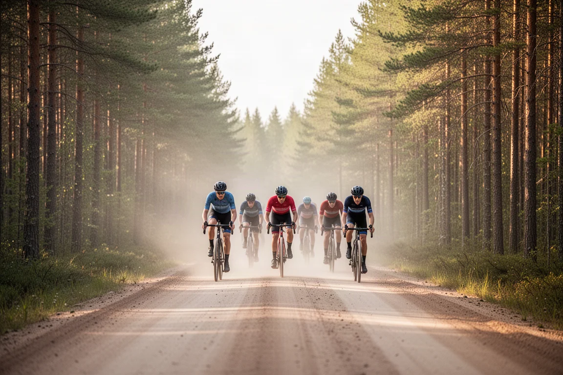 Ciclistas de gravel em uma estrada de terra empoeirada ladeada por pinheiros na Finlândia